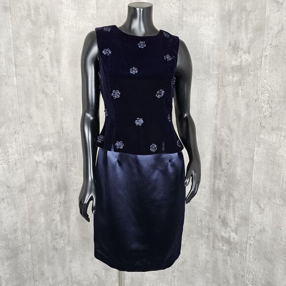 Vintage 90s Maggy London Womens Dress Midnight Blue Satin Velvet Floral Applique - Picture 1 of 8